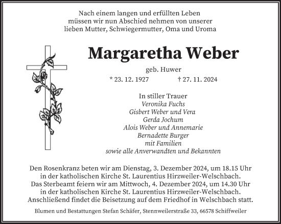 Traueranzeige von Margaretha Weber von saarbruecker_zeitung