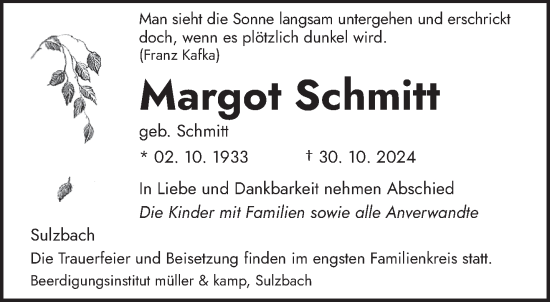 Traueranzeige von Margot Schmitt von saarbruecker_zeitung