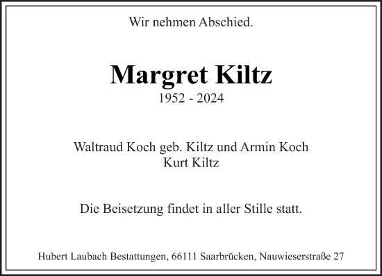 Traueranzeige von Margret Kiltz von saarbruecker_zeitung