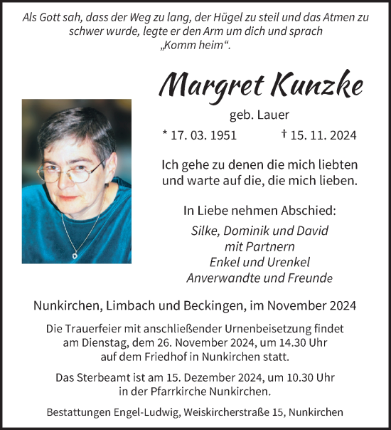 Traueranzeige von Margret Kunzke von saarbruecker_zeitung