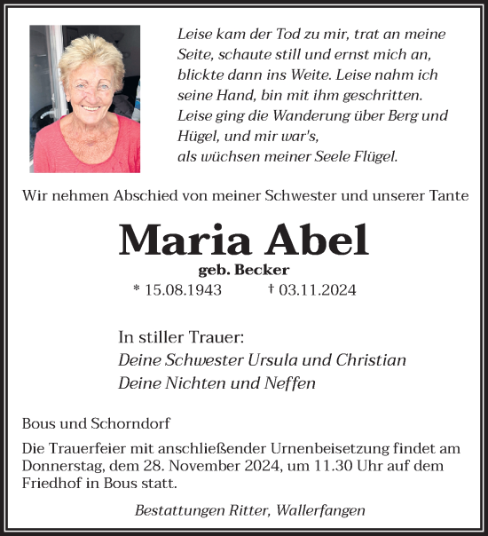 Traueranzeige von Maria Abel von saarbruecker_zeitung