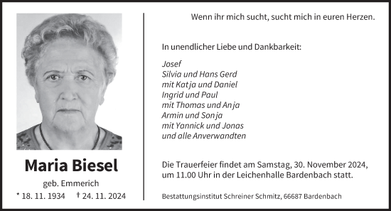 Traueranzeige von Maria Biesel von saarbruecker_zeitung