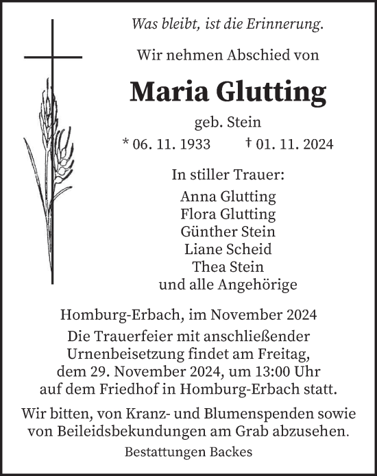 Traueranzeige von Maria Glutting von saarbruecker_zeitung