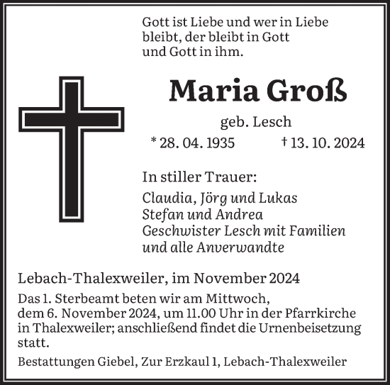 Traueranzeige von Maria Groß von saarbruecker_zeitung