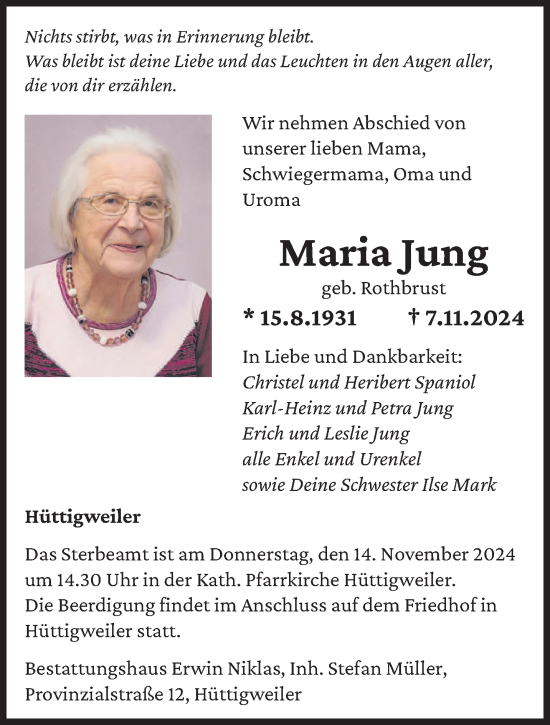 Traueranzeige von Maria Jung von saarbruecker_zeitung