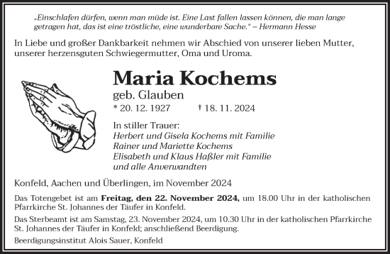 Traueranzeige von Maria Kochems von saarbruecker_zeitung