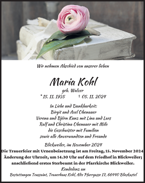 Traueranzeige von Maria Kohl von saarbruecker_zeitung