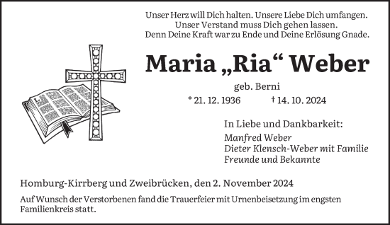 Traueranzeige von Maria Weber von saarbruecker_zeitung