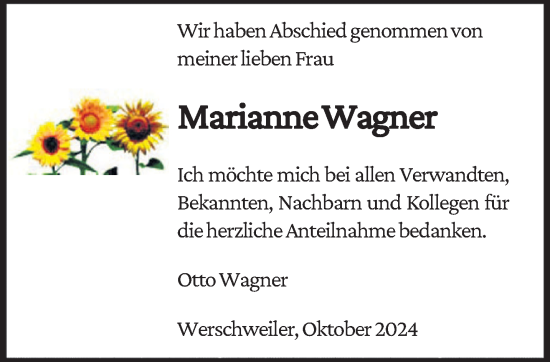 Traueranzeige von Marianne Wagner von saarbruecker_zeitung