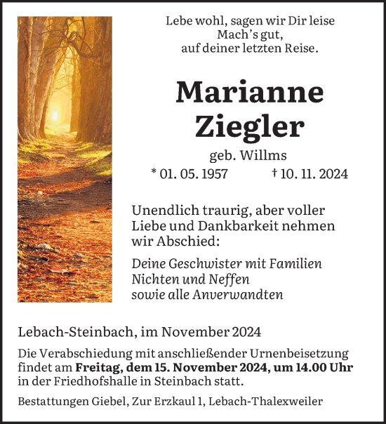 Traueranzeige von Marianne Ziegler von saarbruecker_zeitung