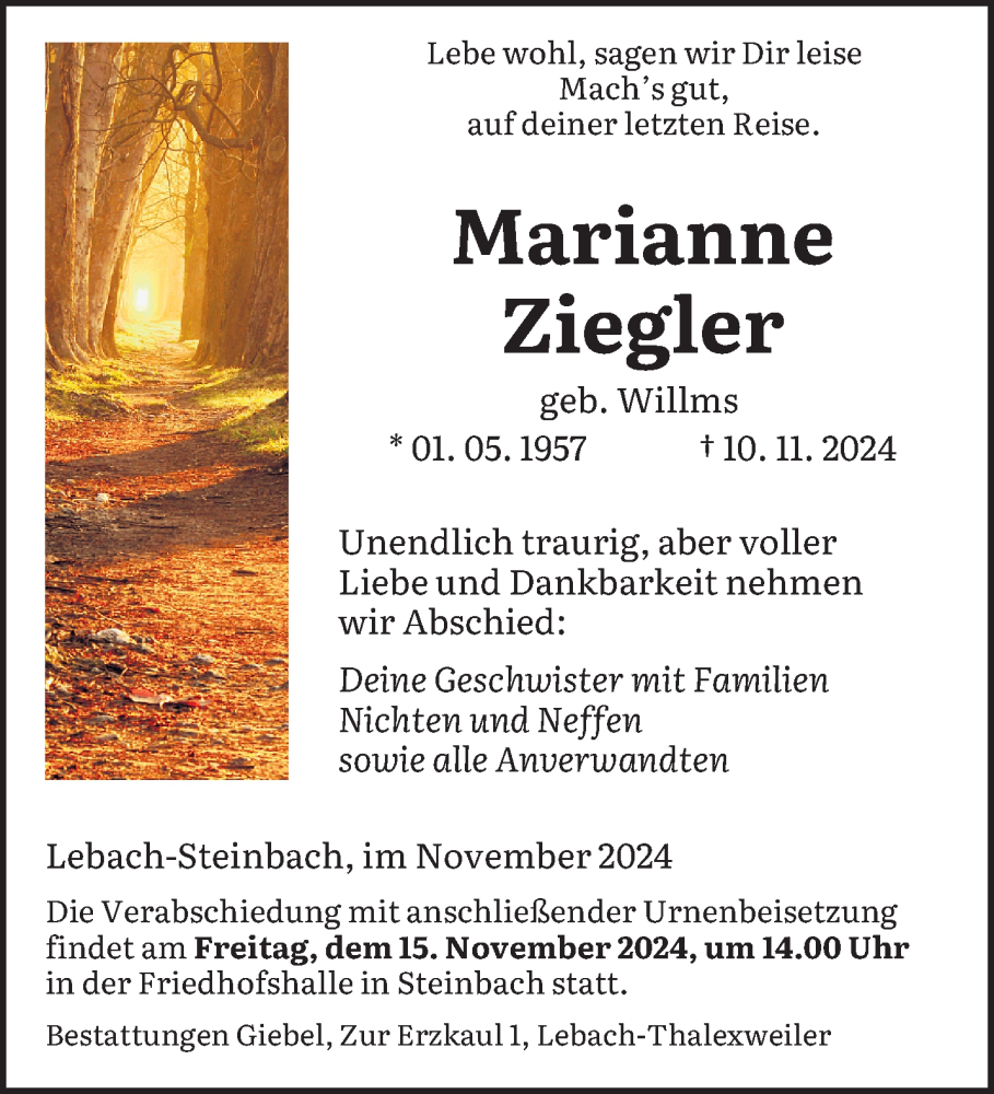  Traueranzeige für Marianne Ziegler vom 14.11.2024 aus saarbruecker_zeitung