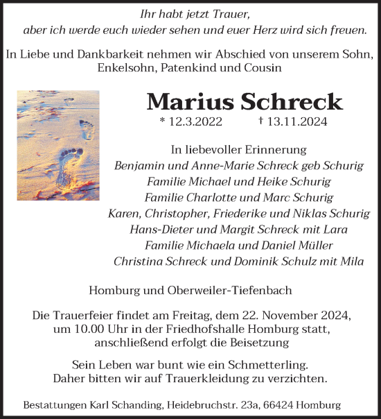 Traueranzeige von Marius Schreck von saarbruecker_zeitung