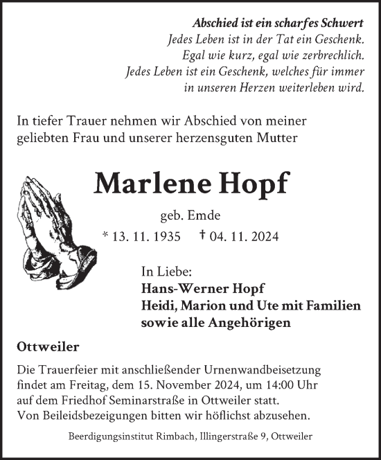 Traueranzeige von Marlene Hopf von saarbruecker_zeitung