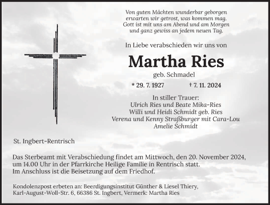 Traueranzeige von Martha Ries von saarbruecker_zeitung