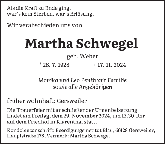 Traueranzeige von Martha Schwegel von saarbruecker_zeitung