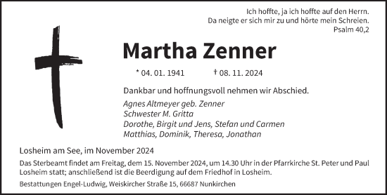 Traueranzeige von Martha Zenner von saarbruecker_zeitung