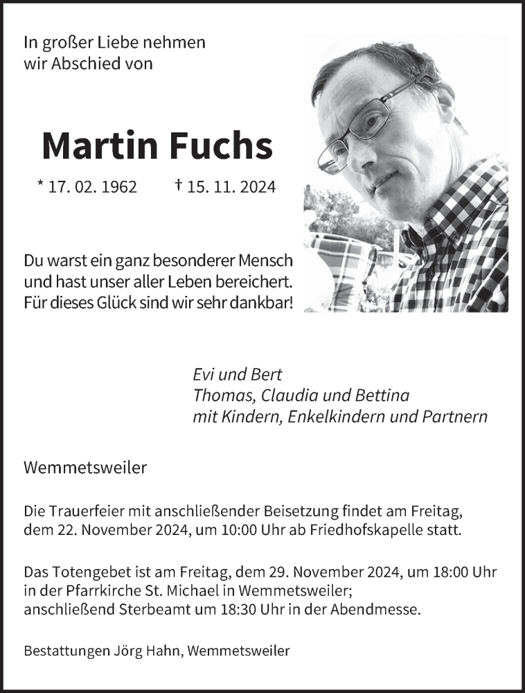  Traueranzeige für Martin Fuchs vom 20.11.2024 aus saarbruecker_zeitung