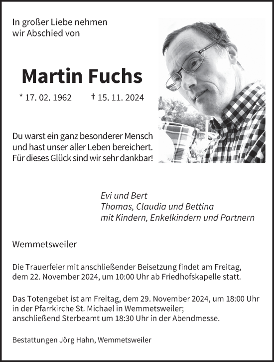 Traueranzeige von Martin Fuchs von saarbruecker_zeitung