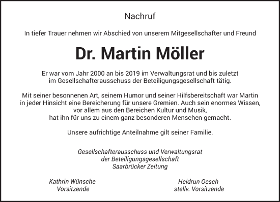 Traueranzeige von Martin Möller von saarbruecker_zeitung