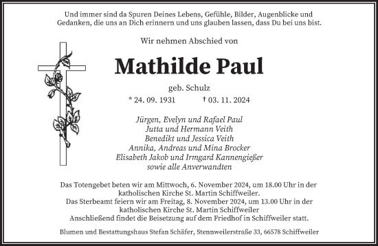 Traueranzeige von Mathilde Paul von saarbruecker_zeitung