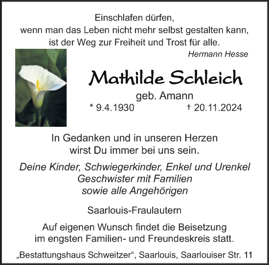 Traueranzeige von Mathilde Schleich von saarbruecker_zeitung