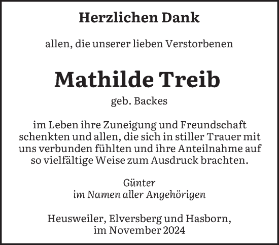 Traueranzeige von Mathilde Treib von saarbruecker_zeitung