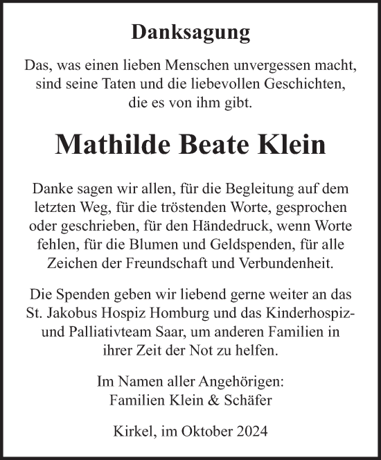 Traueranzeige von Mathilde Beate Klein von saarbruecker_zeitung