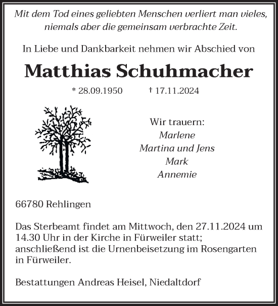 Traueranzeige von Matthias Schuhmacher von saarbruecker_zeitung