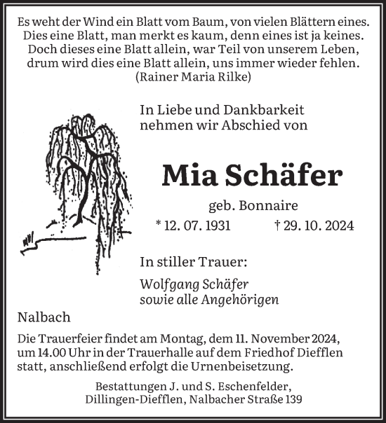 Traueranzeige von Mia Schäfer von saarbruecker_zeitung