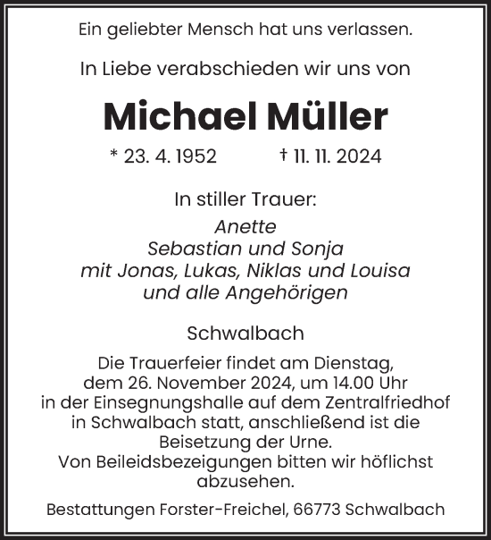 Traueranzeige von Michael Müller von saarbruecker_zeitung