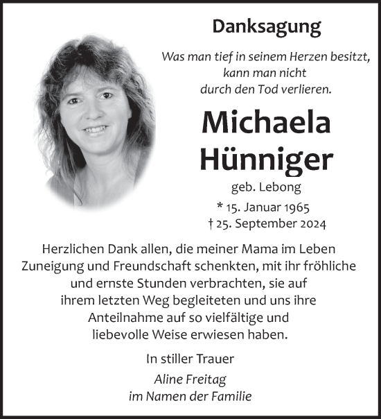 Traueranzeige von Michaela Hünniger von saarbruecker_zeitung