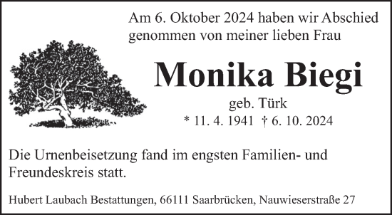 Traueranzeige von Monika Biegi von saarbruecker_zeitung