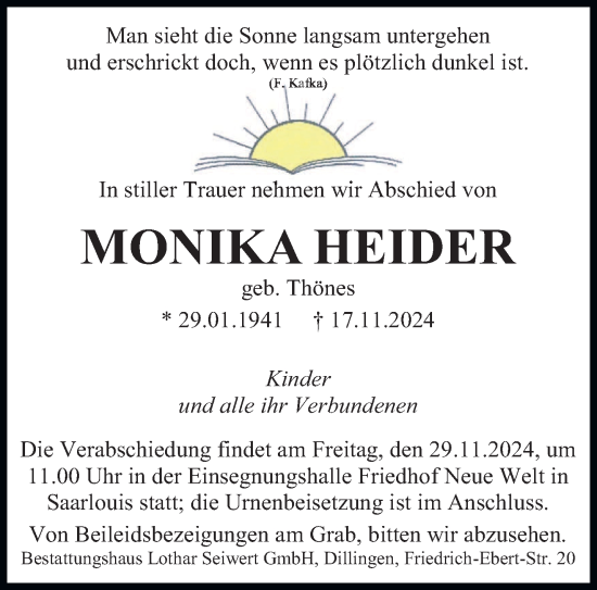 Traueranzeige von Monika Heider von saarbruecker_zeitung