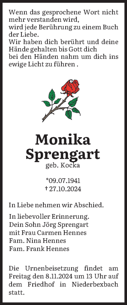 Traueranzeige von Monika Sprengart von saarbruecker_zeitung