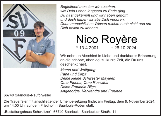 Traueranzeige von Nico Royere von saarbruecker_zeitung