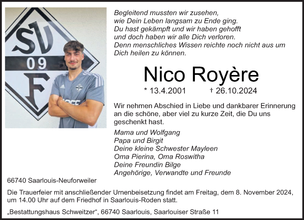  Traueranzeige für Nico Royere vom 02.11.2024 aus saarbruecker_zeitung