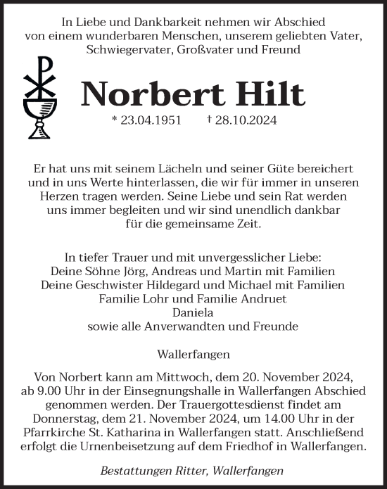 Traueranzeige von Norbert Hilt von saarbruecker_zeitung