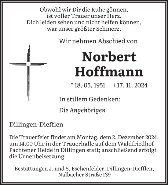 Traueranzeige von Norbert Hoffmann von saarbruecker_zeitung