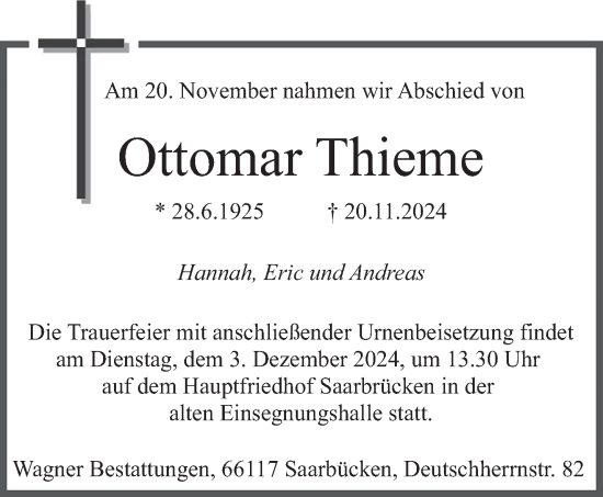 Traueranzeige von Ottomar Thieme von saarbruecker_zeitung