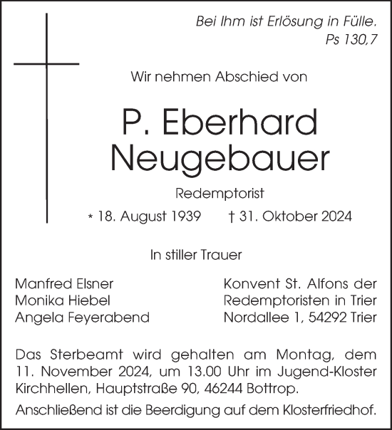 Traueranzeige von P. Eberhard Neugebauer von saarbruecker_zeitung