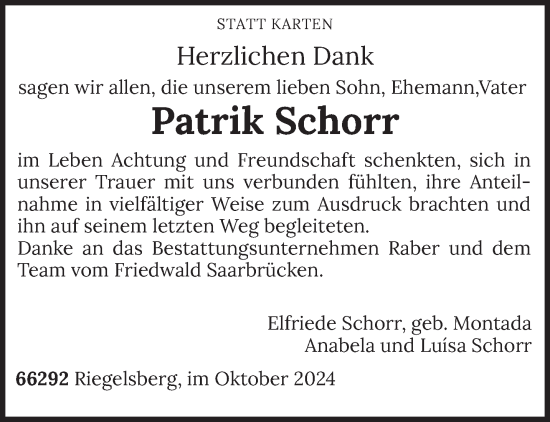 Traueranzeige von Patrik Schorr von saarbruecker_zeitung