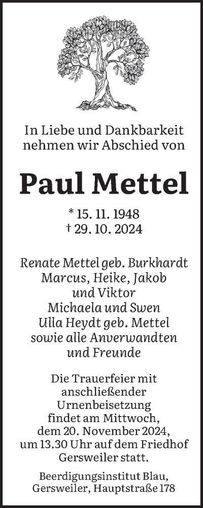 Traueranzeige von Paul Mettel von saarbruecker_zeitung