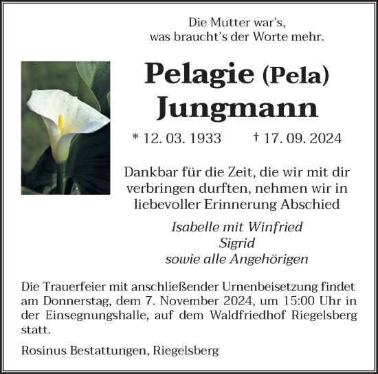 Traueranzeige von Pelagie Jungmann von saarbruecker_zeitung