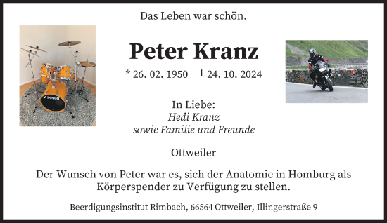 Traueranzeige von Peter Kranz von saarbruecker_zeitung