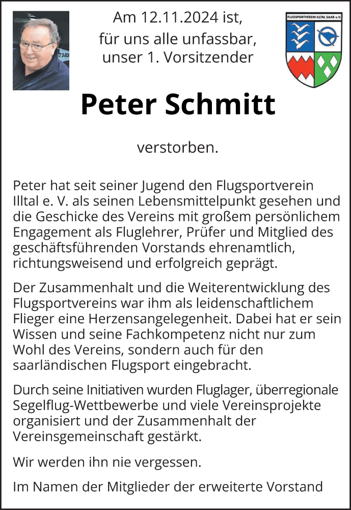  Traueranzeige für Peter Schmitt vom 20.11.2024 aus saarbruecker_zeitung