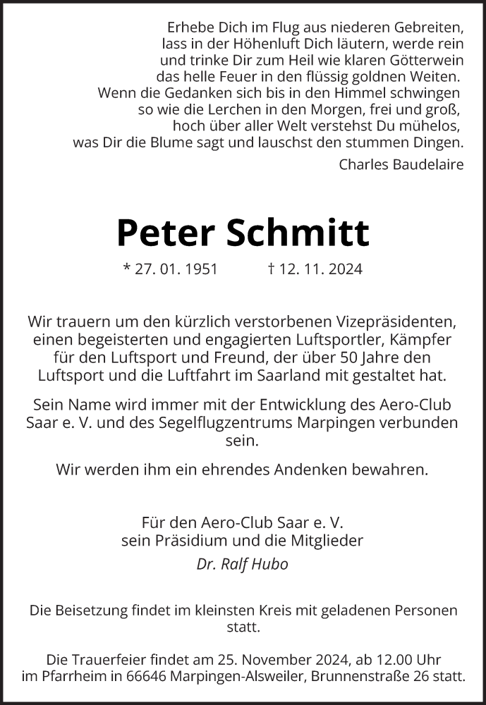  Traueranzeige für Peter Schmitt vom 20.11.2024 aus saarbruecker_zeitung