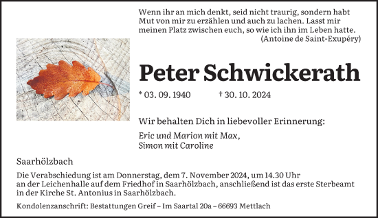 Traueranzeige von Peter Schwickerath von saarbruecker_zeitung