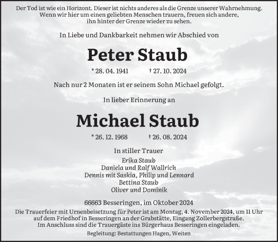 Traueranzeige von Peter und Michael Staub von saarbruecker_zeitung