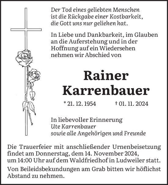 Traueranzeige von Rainer Karrenbauer von saarbruecker_zeitung