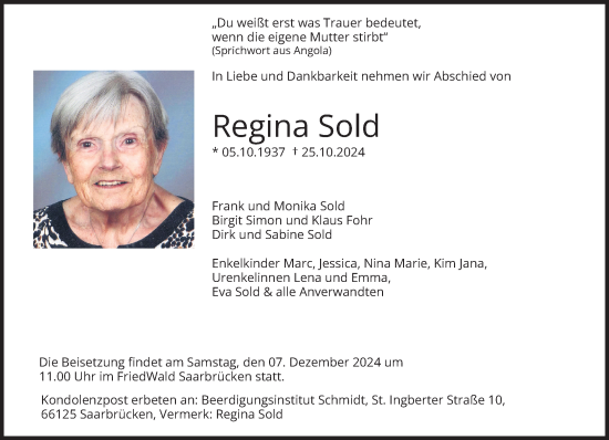 Traueranzeige von Regina Sold von saarbruecker_zeitung